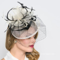 Ivory Fascinator - Ivory & Black Fascinator Hat Headband w/Ribbon Waves a Black Birdcage Veil